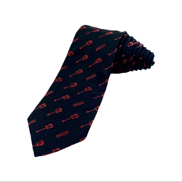 Moschino Mens Black & Red Guitar Designer Silk Tie - Picture 1 of 6